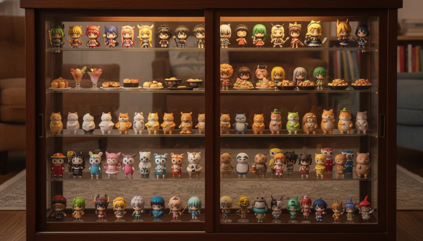 Collector display shelf with rows of authentic Japanese gashapon figurines neatly arranged