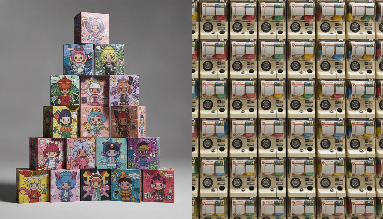 Side by side: stack of designer toy blind boxes versus wall of Japanese gashapon capsule machines