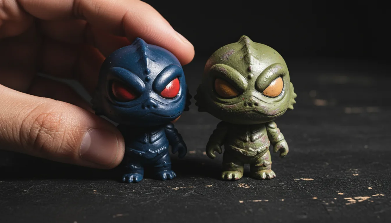 Hand holding two designer toy figures side by side comparing paint and finish quality