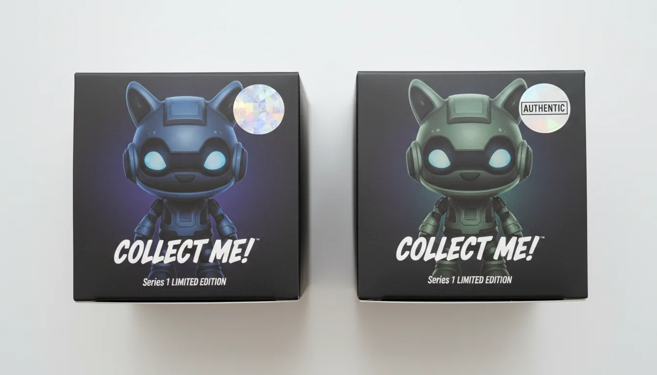 Two designer toy boxes side by side showing authenticity hologram differences