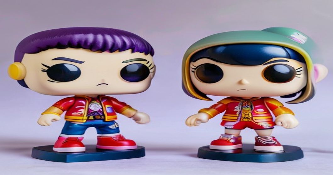 Funko Pop vinyl figure next to Bandai gashapon anime figure on display shelf comparison