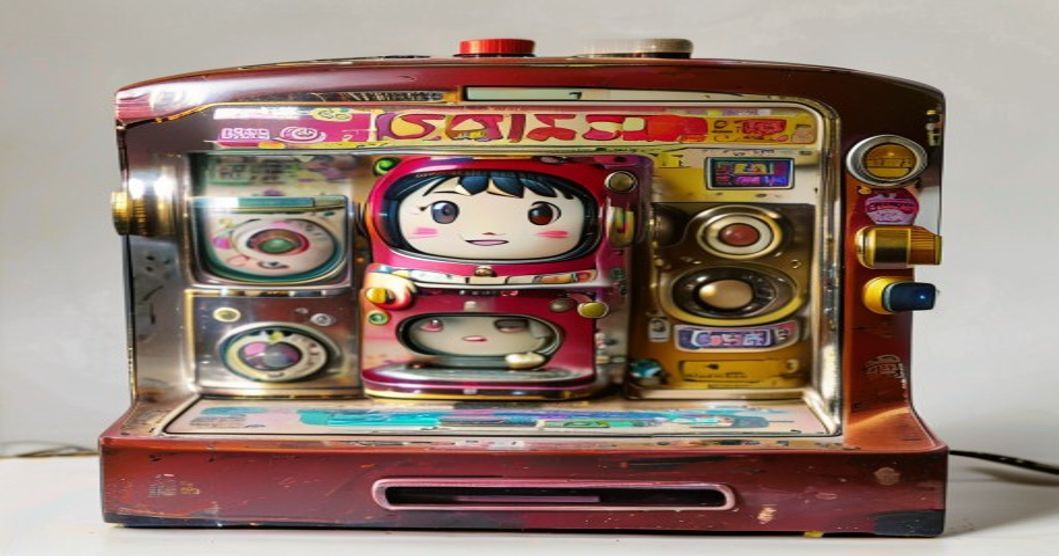 Row of vintage and modern gashapon capsule toy machines in Japan showing 60 years of design evolution