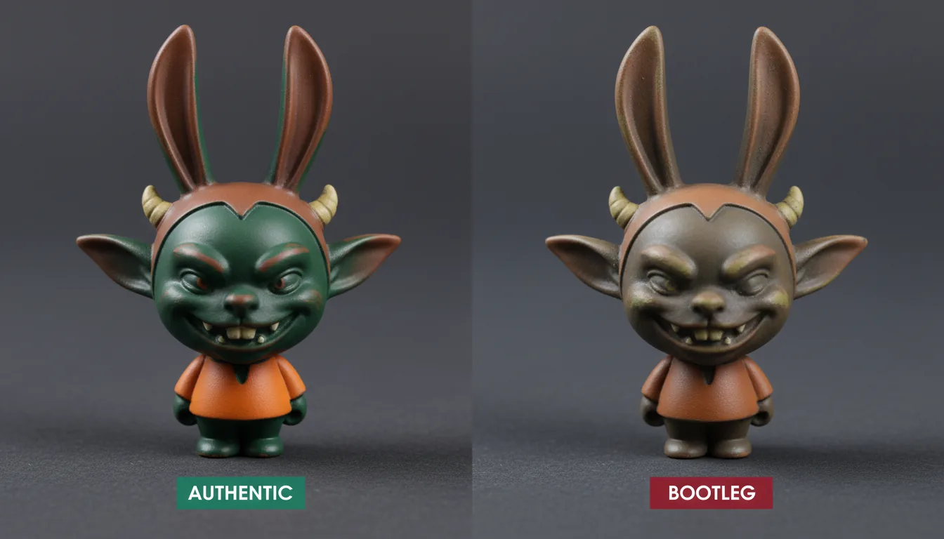 Side-by-side comparison of authentic vs bootleg vinyl designer toy figure showing paint quality differences
