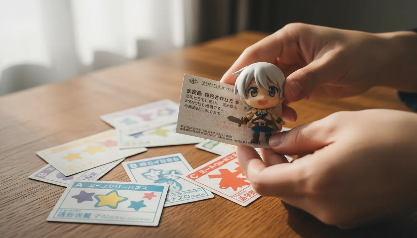 Hands holding a chibi figure with prize tickets